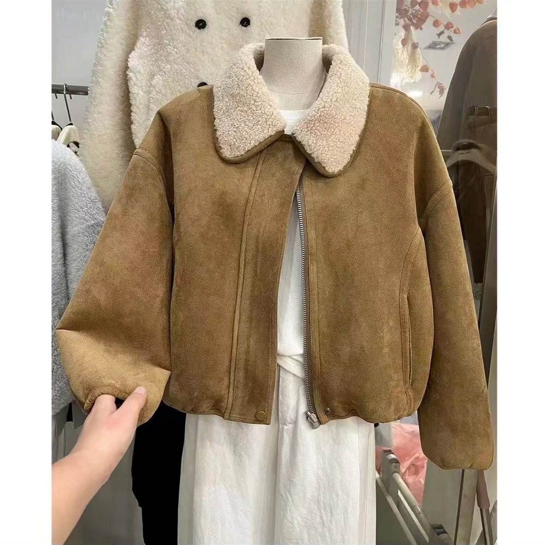 2025冬季新款百搭翻领羊羔毛拼接麂皮绒短外套