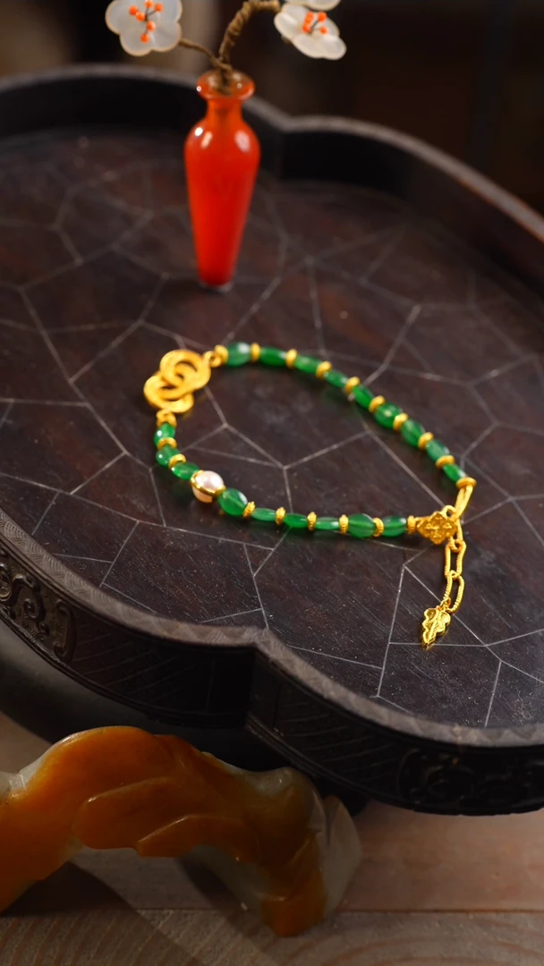 足金镶嵌手链翡翠三连环冰绿翡翠手链