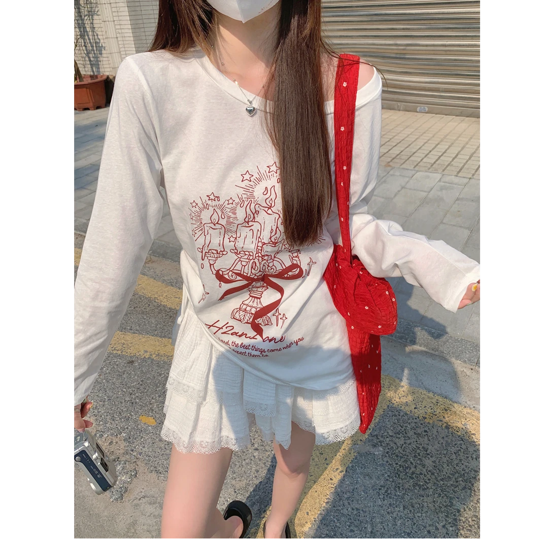 2025夏季抽绳设计感鸦印花斜露肩长袖防晒罩衫t恤女