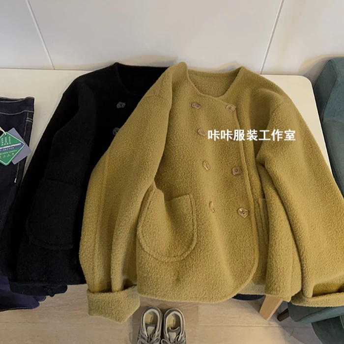 REKAYYAT“花絮”秋冬新款异型扣气质百搭时尚个性纯色双排扣外套