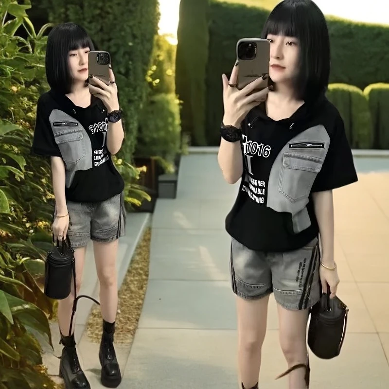 欧货休闲套装女2025夏季新款时尚显瘦拼接牛仔连帽上衣短裤两件套