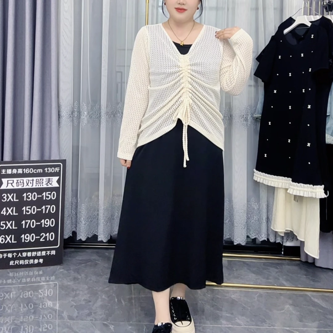 春夏时尚遮肉显瘦大码套装裙V领抽绳针织衫+背心长款连衣裙两件套