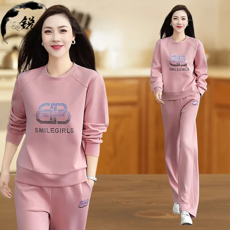 休闲运动套装女春秋季2025新款时尚洋气宽松减龄圆领妈妈装两件套