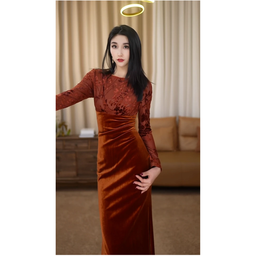 【金穗】秋冬新款金枝玉叶气质优雅修身显瘦长款鱼尾连衣裙-SW0664