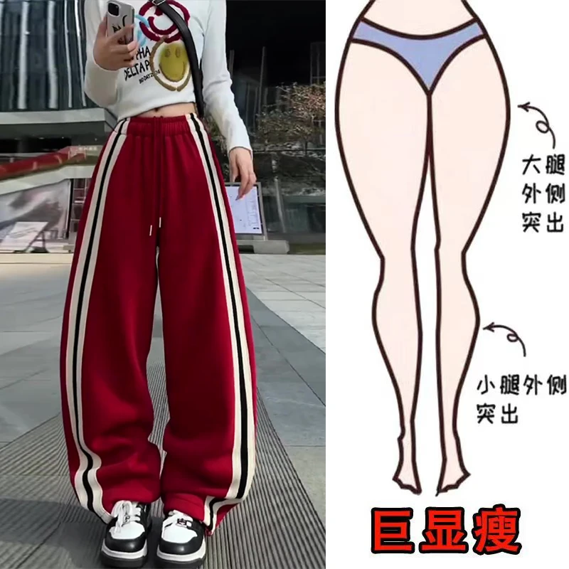 冬季新款时尚高街重工抽绳加绒设计运动风遮肉显瘦高腰直筒卫裤