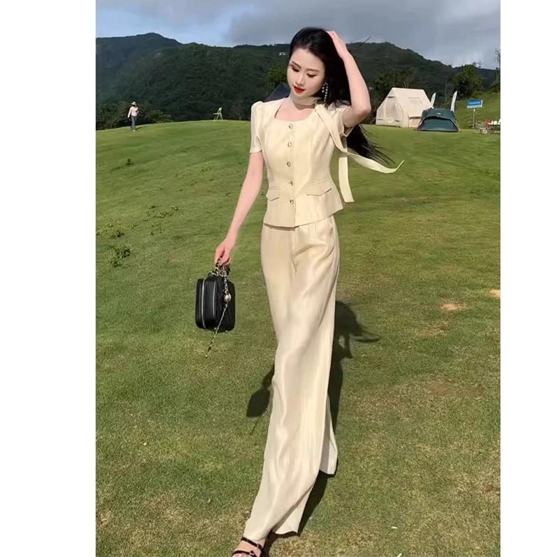 拉夏贝尔2025年夏季新款职业套装女时尚方领设计感小众显瘦两件套