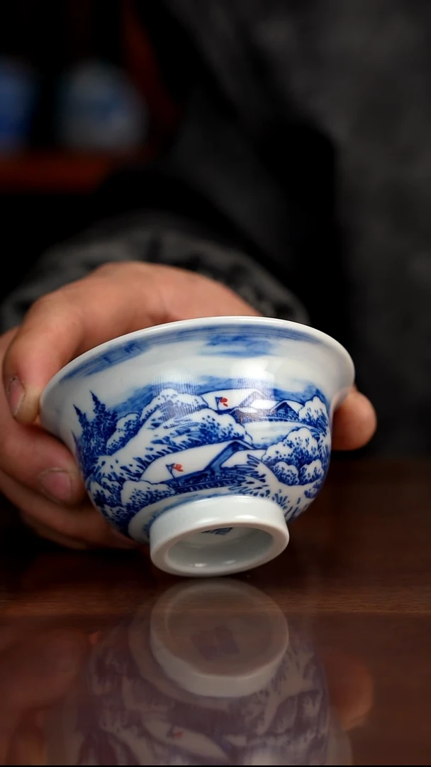 晓月窑青花雪景压手杯