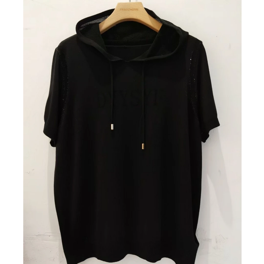 夏季新款遮肉显瘦大码隐钻连帽短袖5863