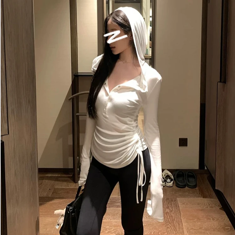 运补6-8¥辣妹v领连帽防晒衣夏季薄纱长袖罩衫褶皱抽绳