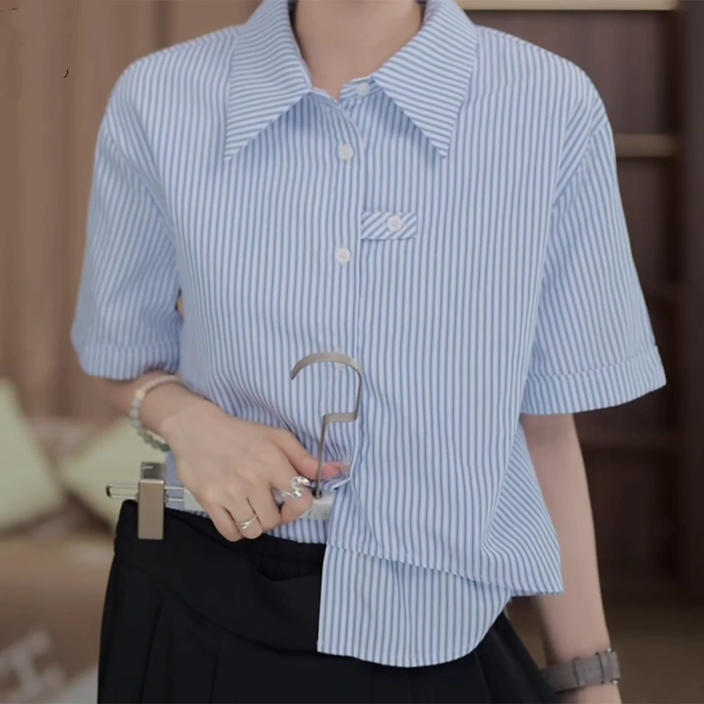 【海岛热恋】轻奢气质设计感假两件拼接短袖衬衫