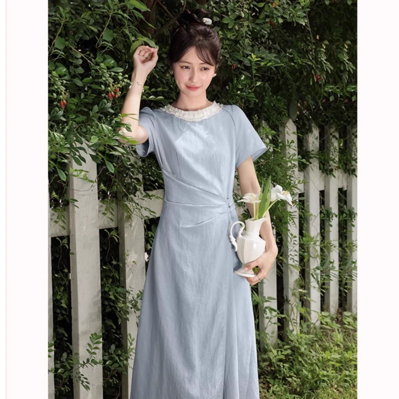 鹿向南「氧气奶蓝」法式气质通勤女夏假一片式蓝色连衣裙DYL661787