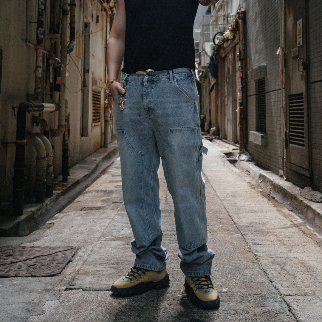 SUC群起25春夏双膝重磅水洗做旧伐木工装牛仔裤