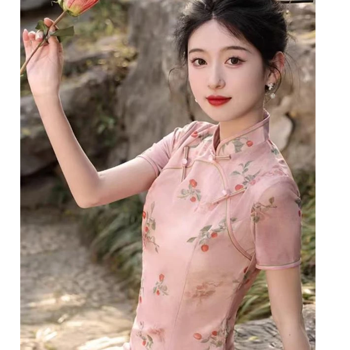 【桃绯】新小个子网纱透气修身显瘦粉色温柔甜美旗袍裙日常衣长110
