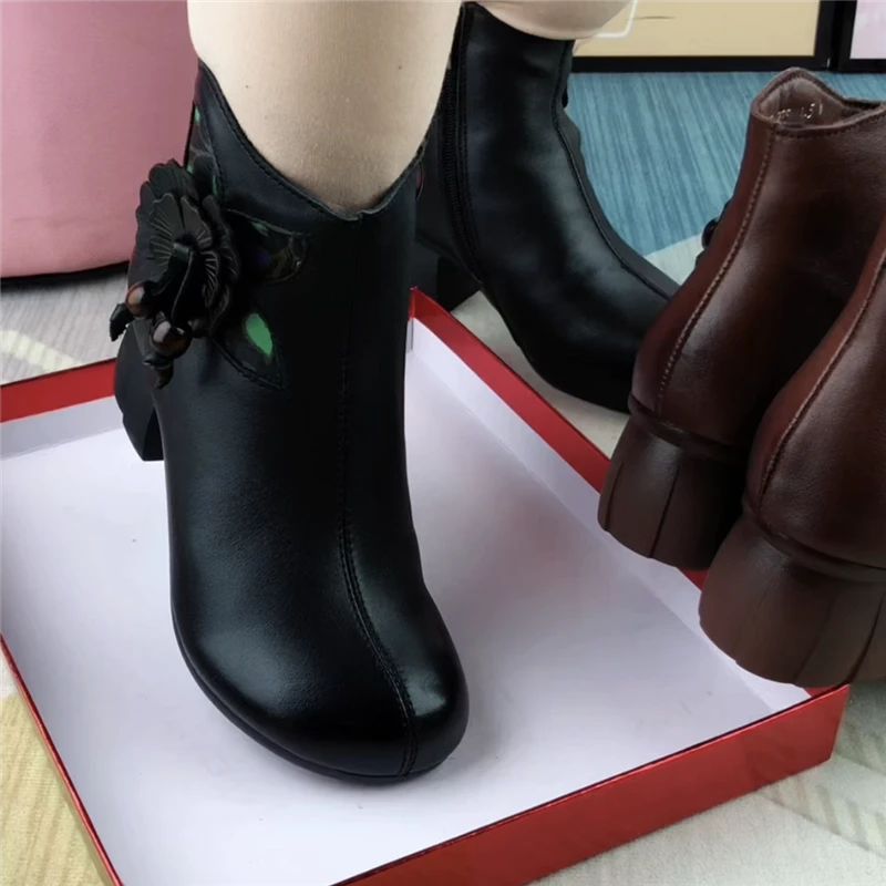 短靴女真皮粗跟圆头靴子女休闲棉鞋女冬加绒轻便舒适软底马丁靴女