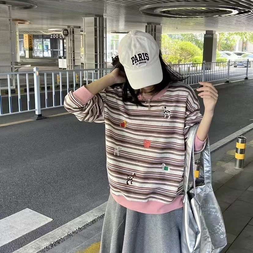 阿悄家 春秋款 韩版刺绣小狗彩色条纹卫衣#9187