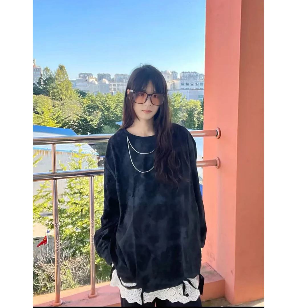 【Q2622~长袖】扎染破洞设计长袖T恤ins春秋水洗美式潮流圆领上衣