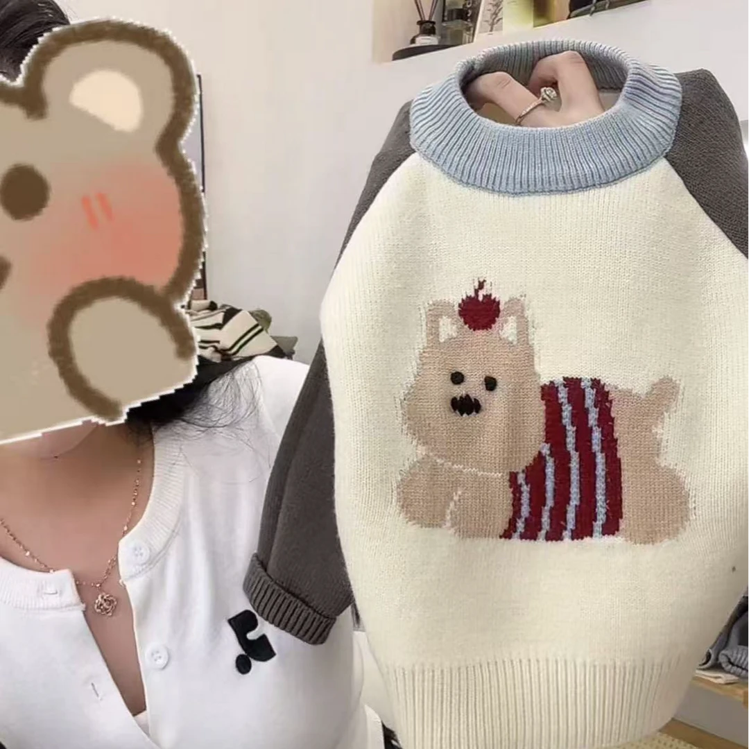 2025冬季新款小熊针织撞色针织圆领毛衣百搭洋气可爱卡通