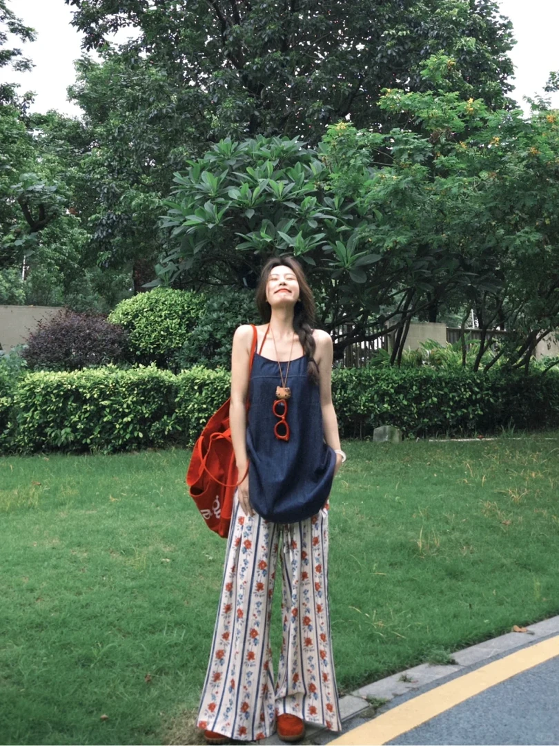 港味复古套装吊带背心上衣女装夏季新款碎花休闲阔腿裤时尚两件套