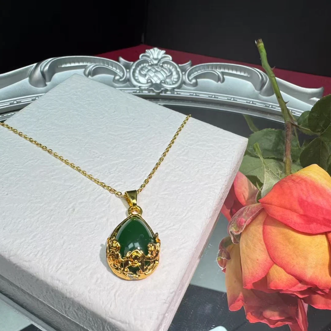 钛钢吊坠 镶玉牡丹花福字古风设计适合送给妈妈的 古风吊坠