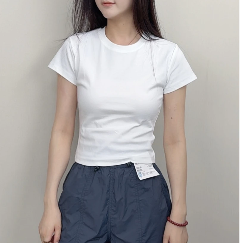 春夏新款辣妹风格修身圆领纯色短袖纯棉弹力百搭显瘦T恤打底时尚