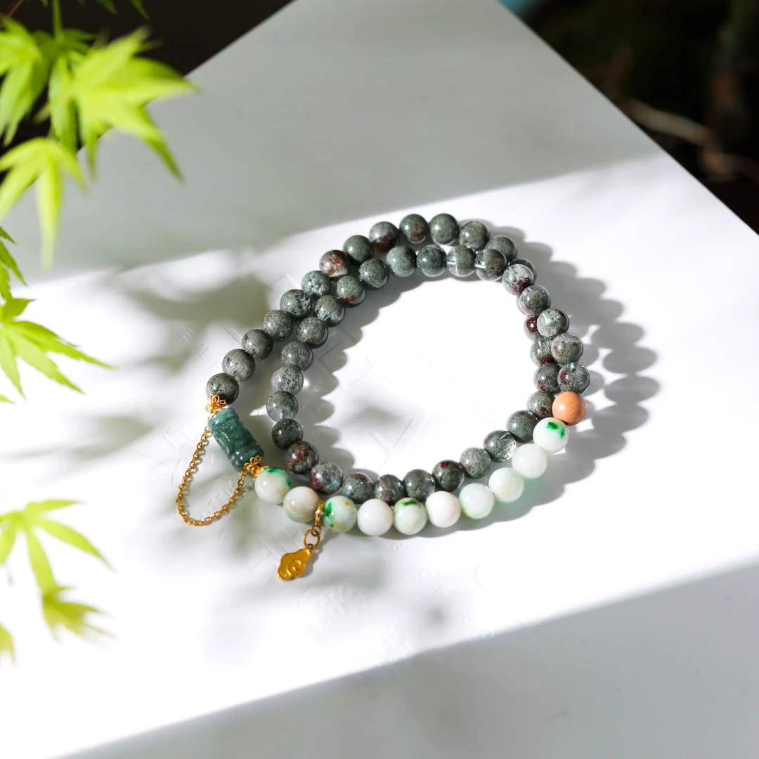 【意婵】《璃殇》精品天然绿幽灵水晶双圈18K金翡翠配件-905928