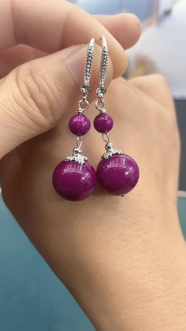 银S925镶嵌苏纪石（舒俱来）耳饰14mm舒俱来双珠