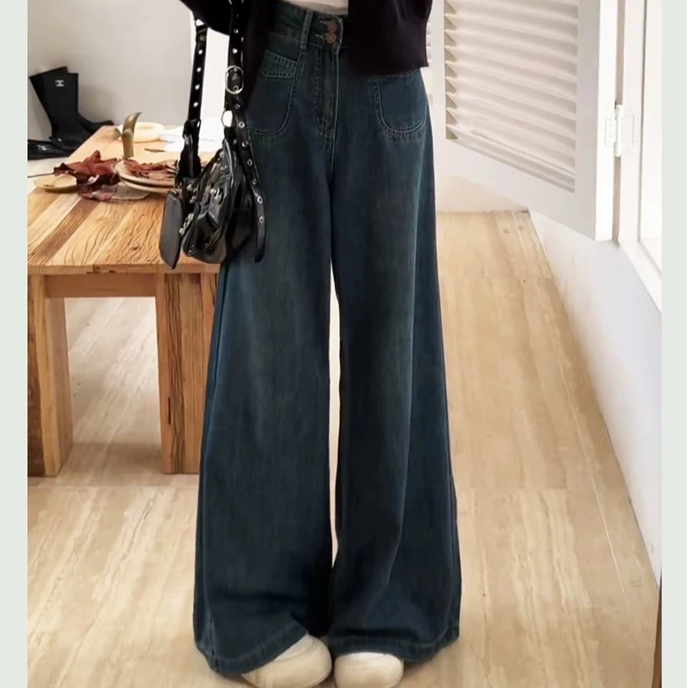 2025新款春装美式复古高腰直筒宽松显瘦阔腿牛仔裤8078