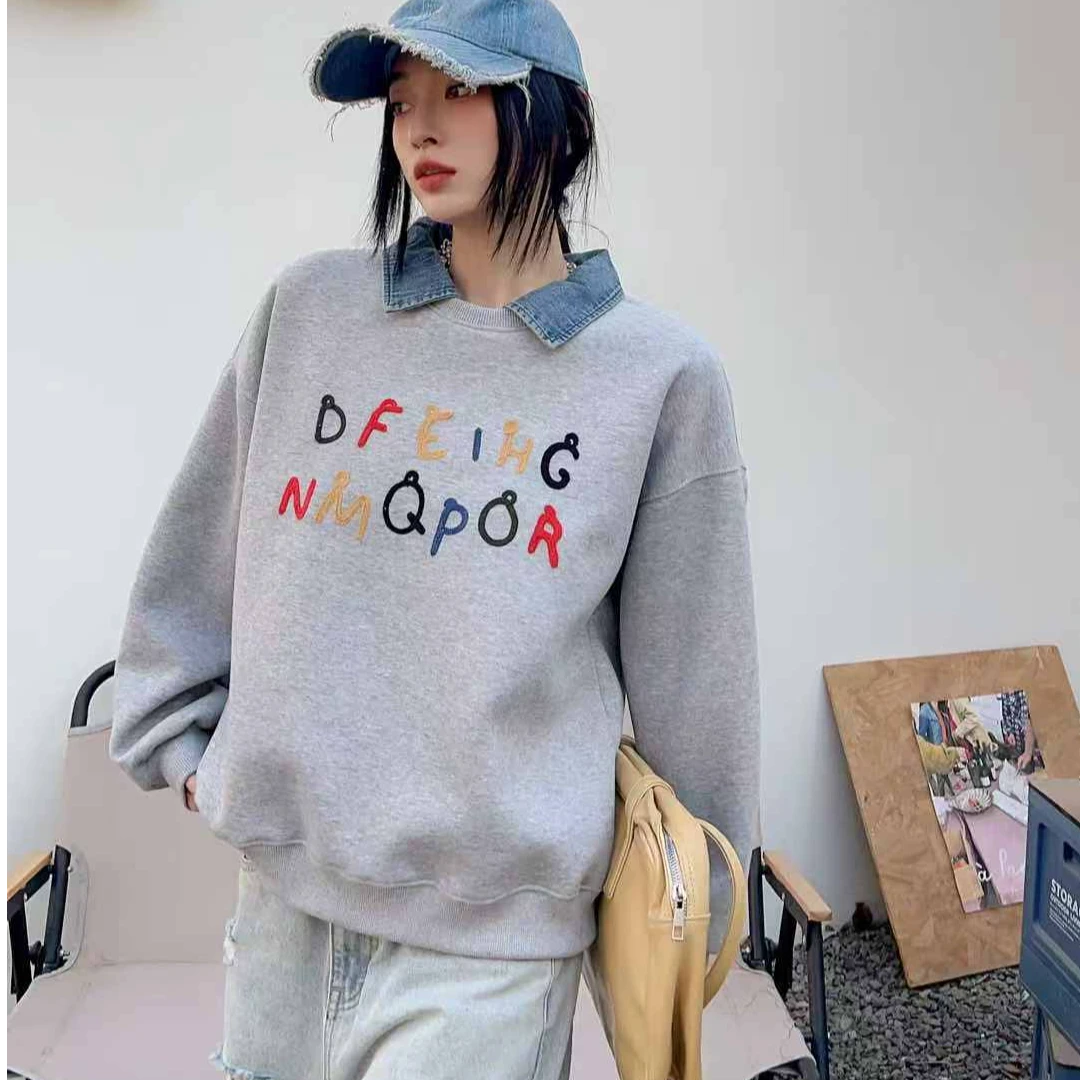 春款牛仔圆领卫衣女休闲宽松卫衣深花灰   4564-5