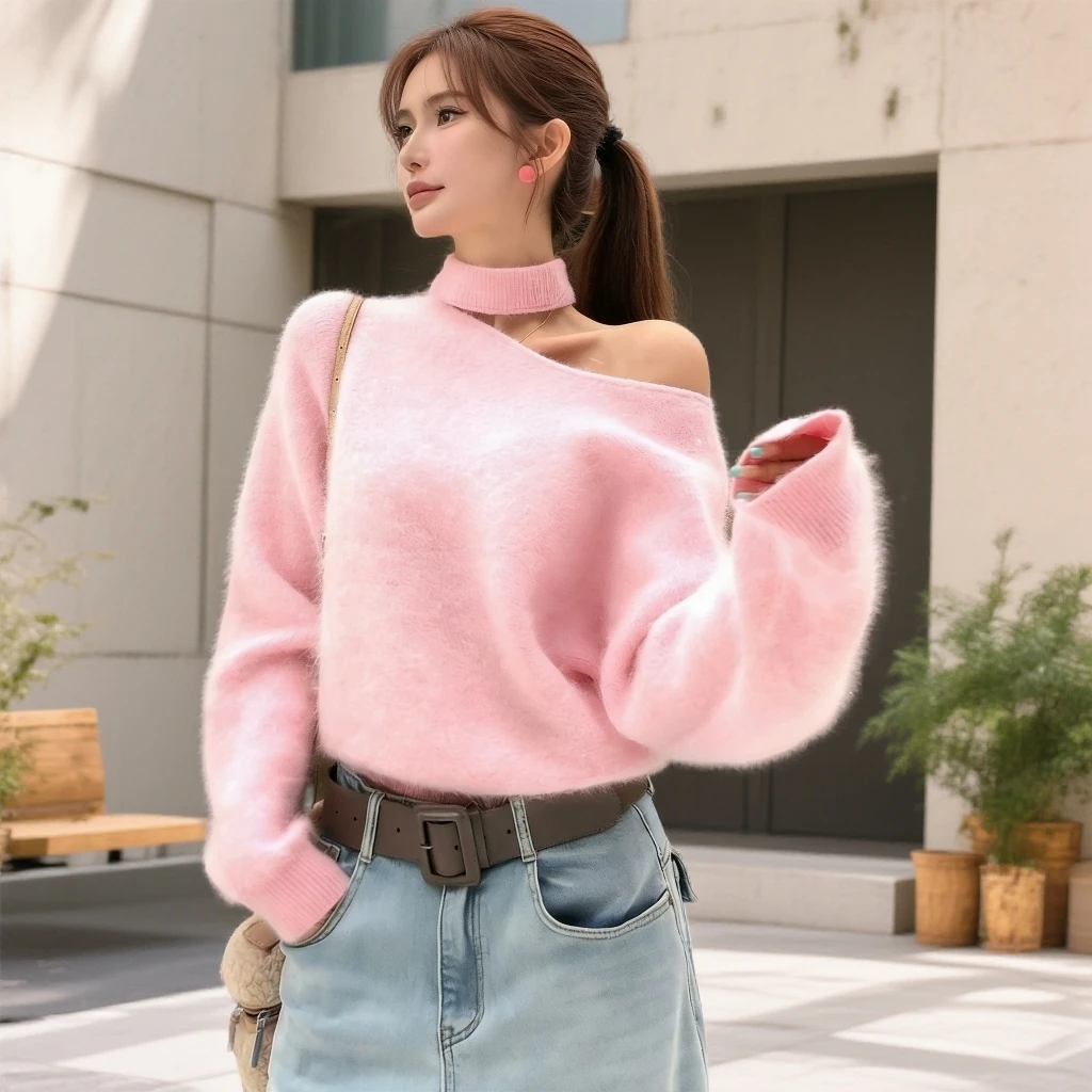 法式小香风气质挂脖露肩超好看毛衣女秋冬新款仿水貂面料针织上衣