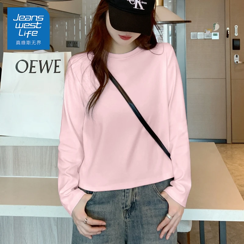 真维斯无界夏季浅粉纯棉长袖T恤春秋洋气衣服女青春可人甜美休闲
