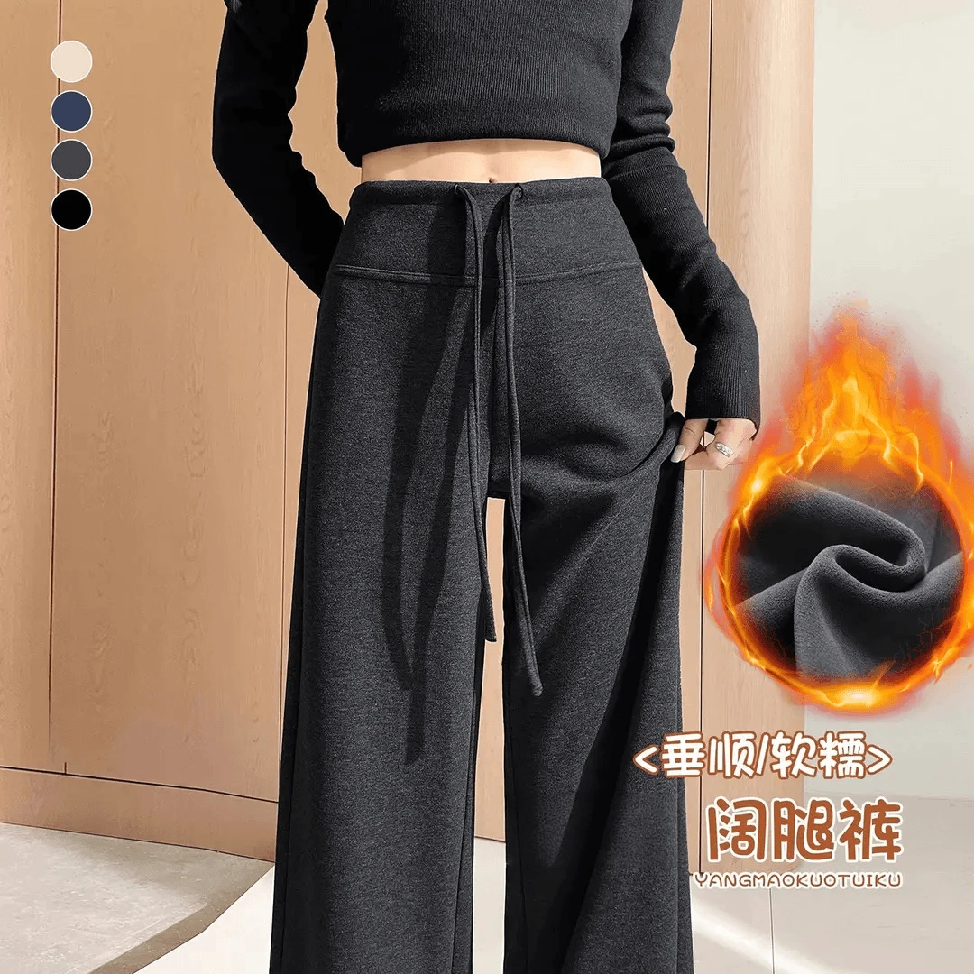 MEI YING 加绒窄版阔腿裤女2025新款秋冬毛呢裤高腰加厚休闲裤子