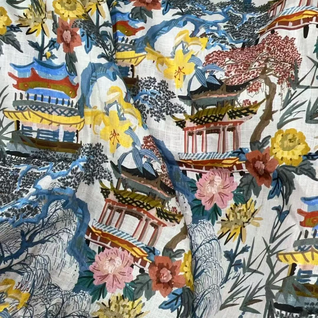 蜂房水涡 法国亚麻面料大唐盛景印花衬衫连衣裙服装布料 宽140CM