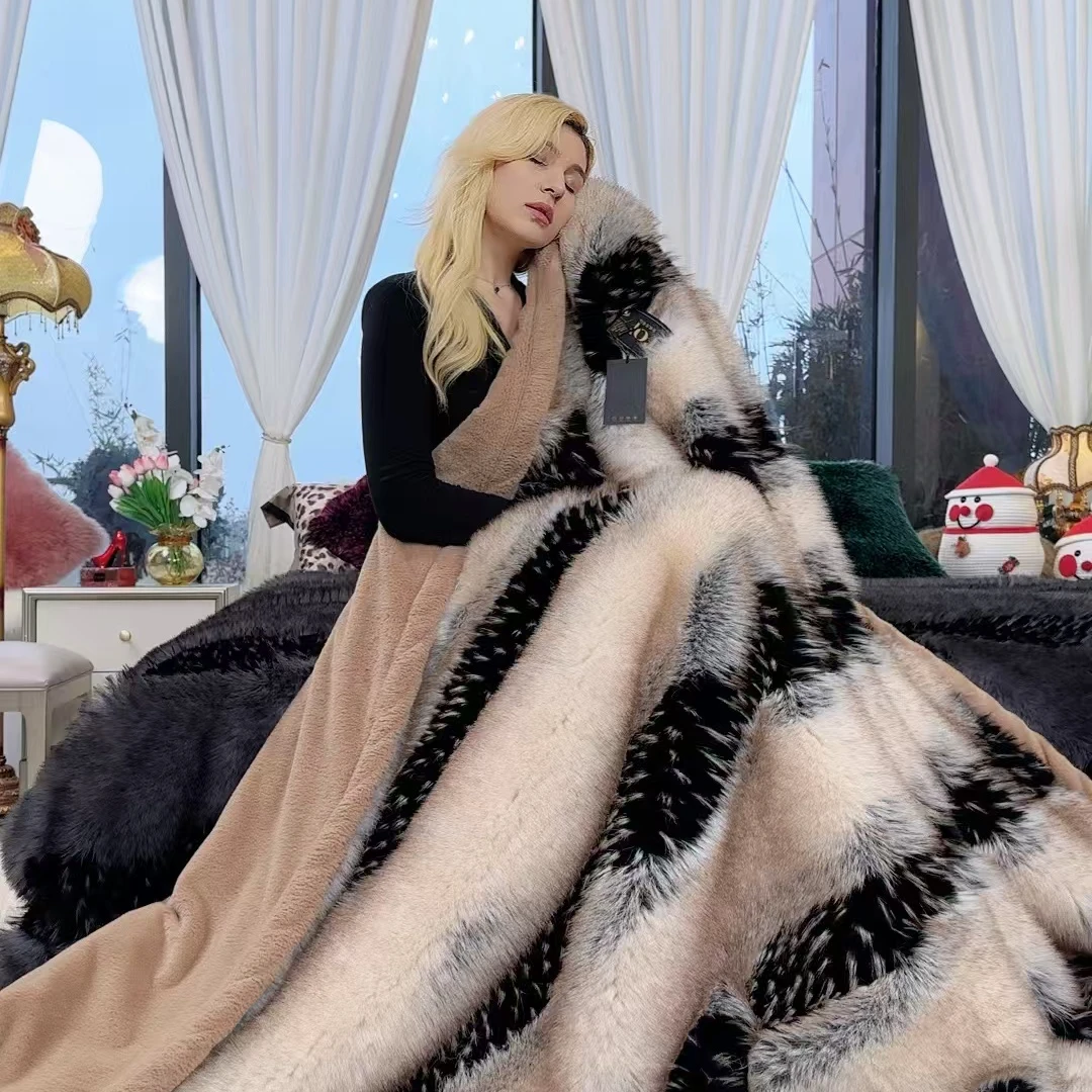 轻奢芭莎仿皮草毯加厚双层毯盖毯装饰毯  米驼  烟灰