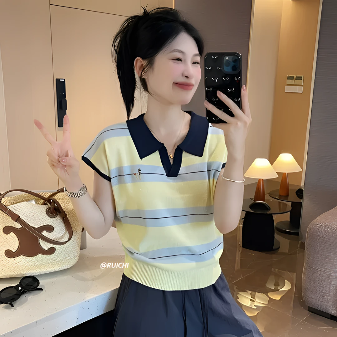 刺绣小狗撞色条纹短袖显瘦女夏季薄款冰丝针织POLO领上衣