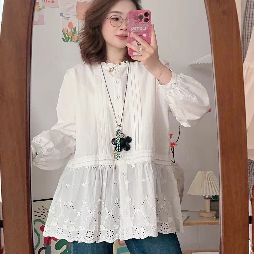 【圆圆推荐】大码拼接蕾丝长袖衬衫白色小衫2025秋季新款百搭衬衣女