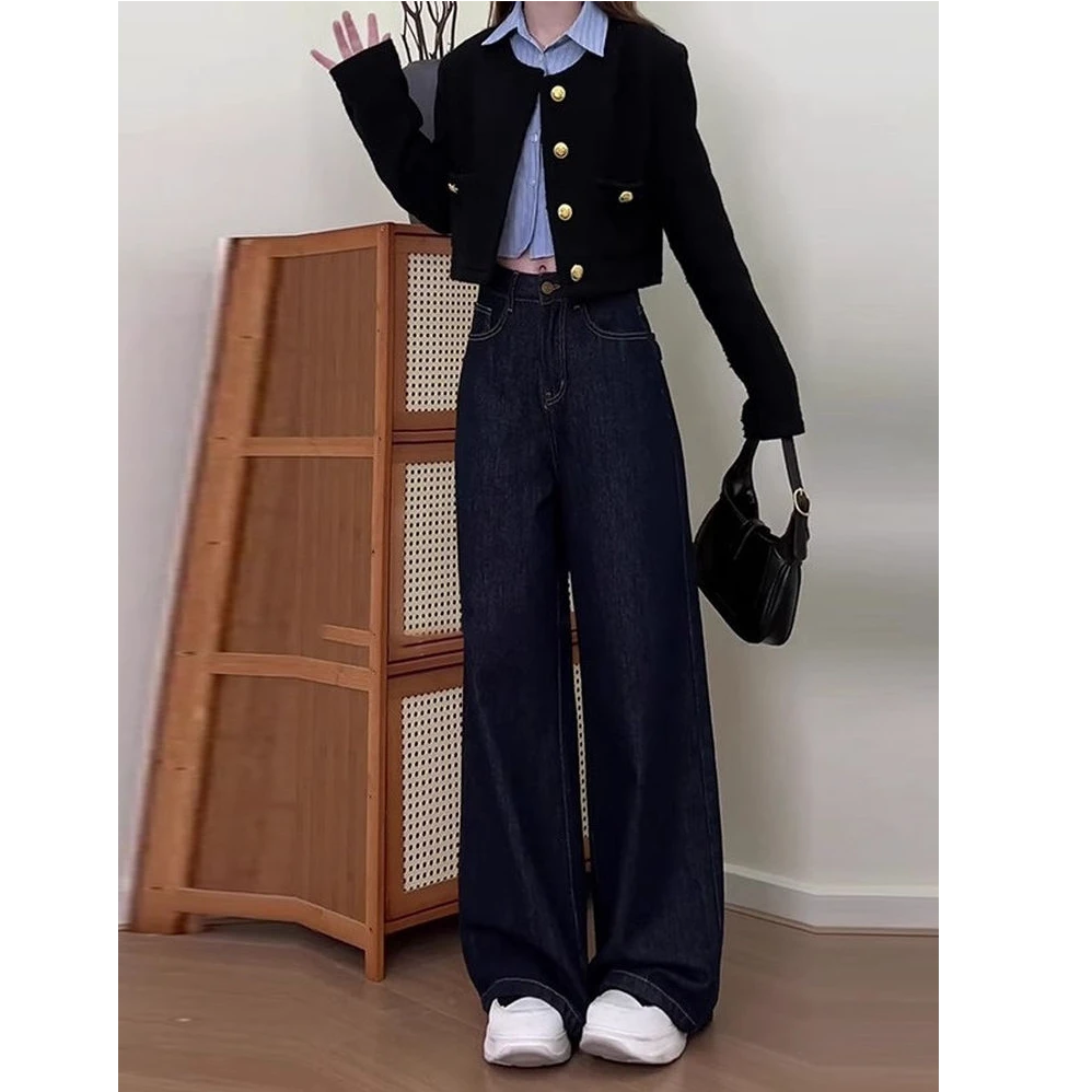 拉夏贝尔深蓝色阔腿牛仔裤女2025早秋小个子窄版丹宁垂感直筒裤子