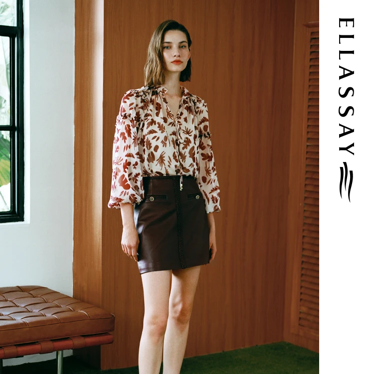 ELLASSAY/歌力思新款碎花手绘花型法式系带衬衫女EWE343C01100