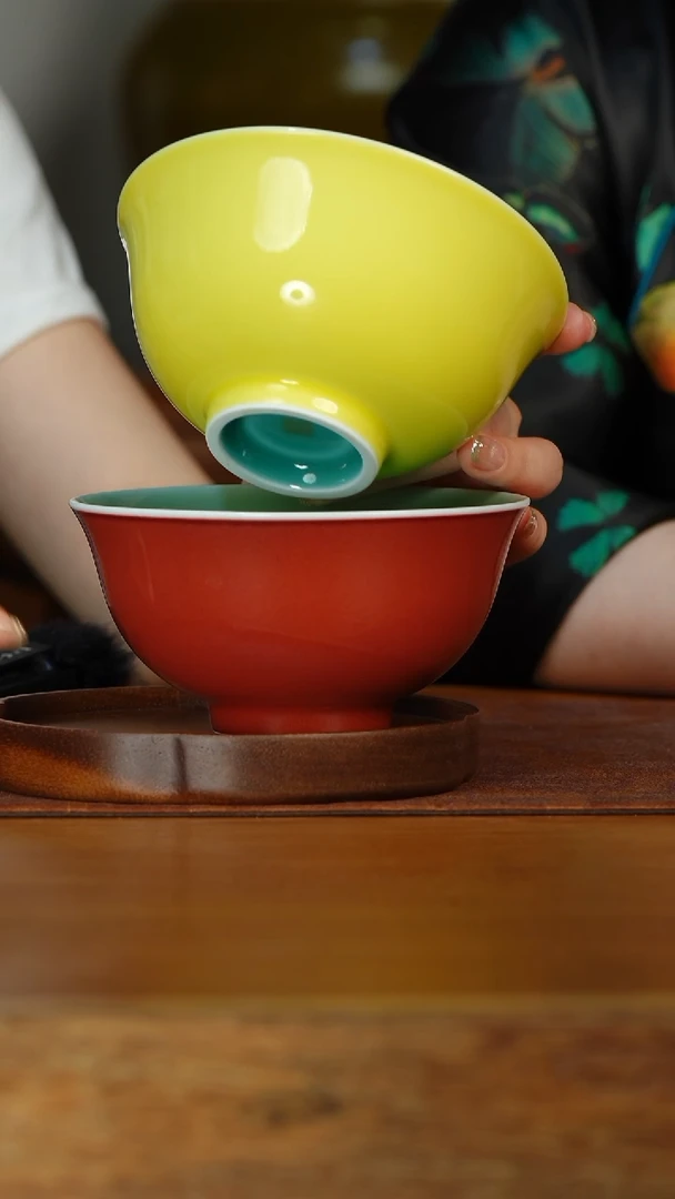 闰火堂颜色釉柠檬黄内绿正德碗+祭红碗