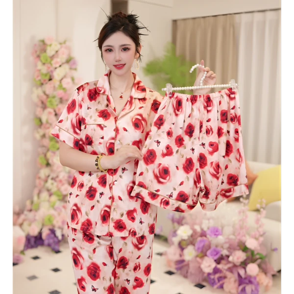 鑫鑫家【玫瑰故事】短袖25夏季女士新款时尚透气冰丝高定家居服睡衣