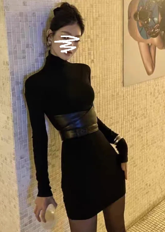 美式复古辣妹黑针织连衣裙女春秋季2025新款修身显瘦长裙子2016#