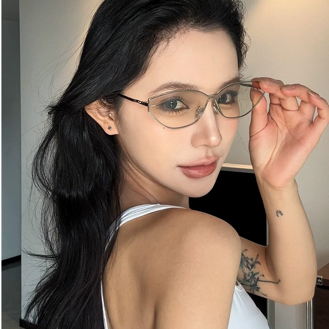 复古欧美风无框水银色Y2K亚裔辣妹风网感墨镜女方圆脸显瘦太阳镜