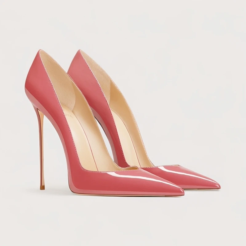 玫红色漆皮法式小个子礼服高级感2025秋冬季新款尖头细跟高跟鞋女