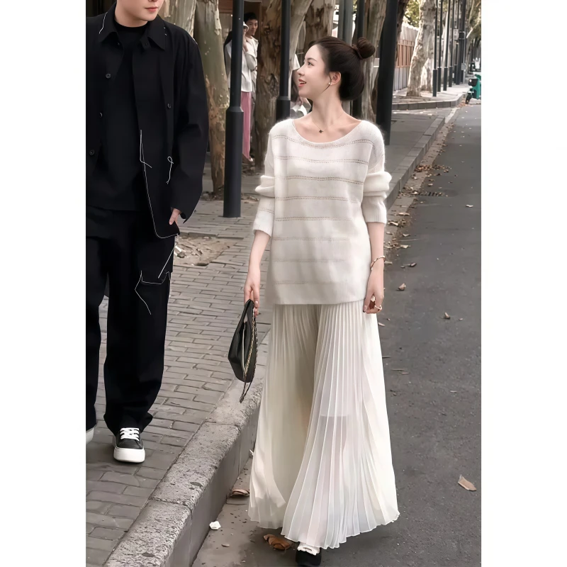 慵懒风气质软糯条纹针织上衣半裙2025秋冬季新款休闲淑女风套装女