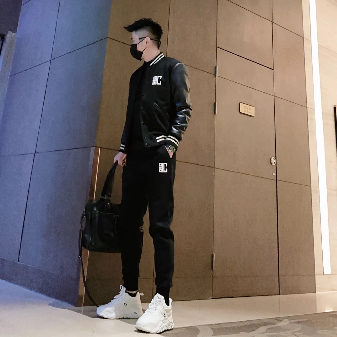 秋冬季加绒保暖百搭时尚重磅刺激休闲立领夹克外套休闲裤潮流套装