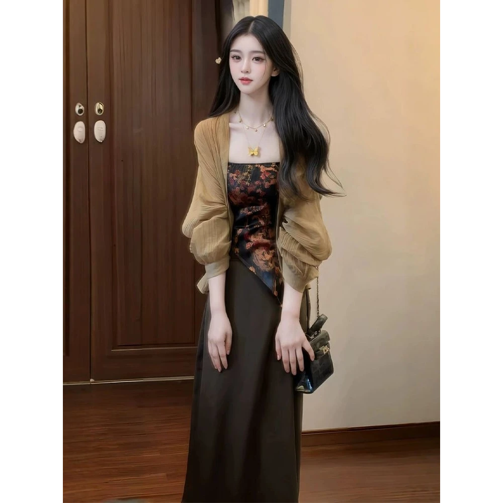 入夏穿搭一整套大码胖mm新中式清冷感开衫吊带半身裙改良旗袍套装