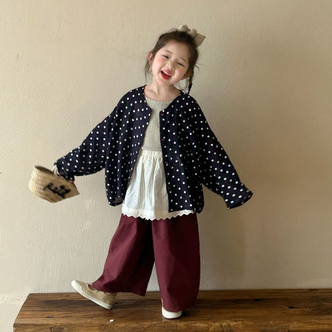 2025春季新款童装日韩风童装女童波点棉质衬衫幼儿园休闲套装