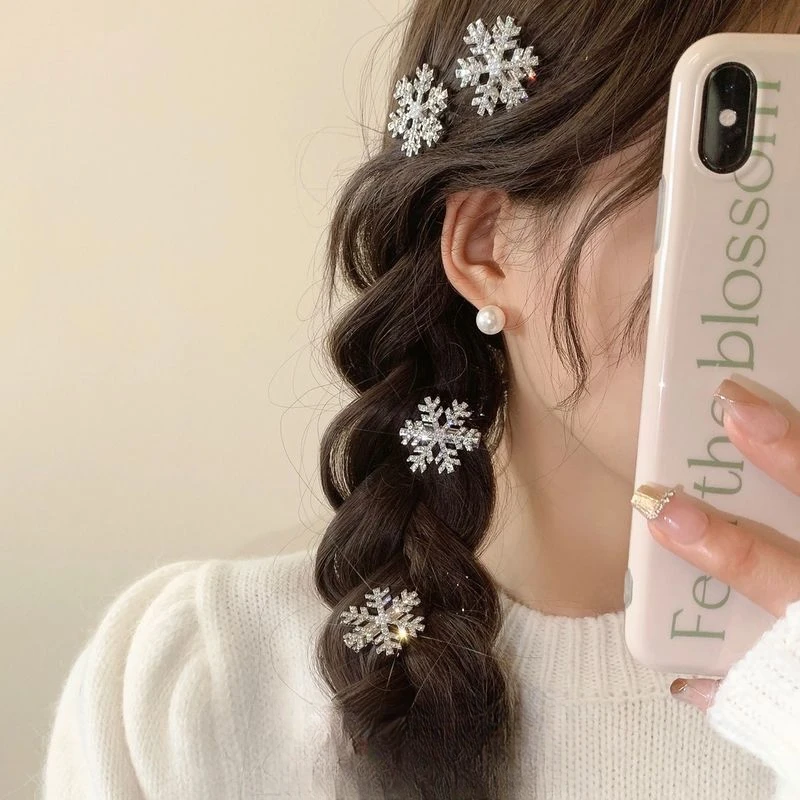 水钻雪花发夹2025新款圣诞新年发饰秋冬可爱珠满钻侧边刘海鸭嘴夹