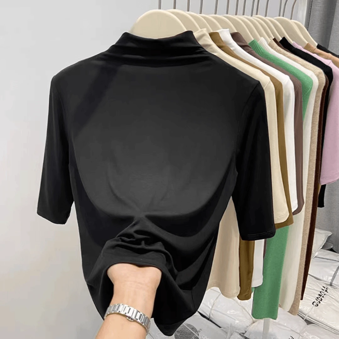 拉夏贝尔莫代尔春夏新款半高领中袖T恤女大码内搭修身打底衫半袖