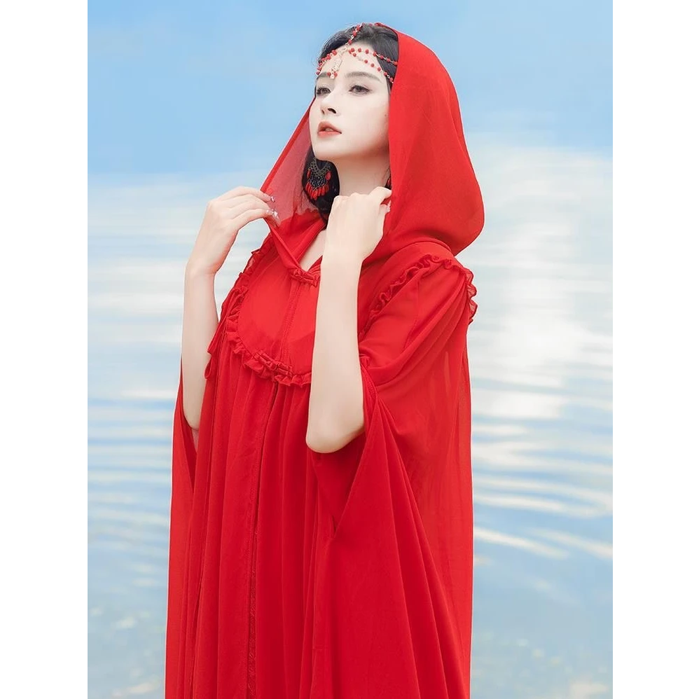 夏季新款红色长款民族风连帽斗篷旅游度假拍照超仙披风9052