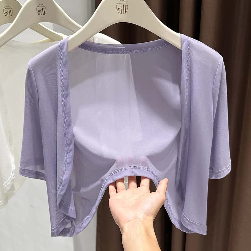 紫色短款蕾丝披肩外套配裙子外搭爆款短袖开衫女夏季薄款防晒罩衫